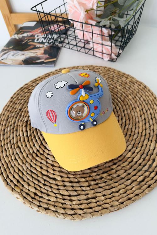 Miniğimin Cicileri 5-8 Helikopter Bear Desenli Unisex Çocuk Şapka - Gri
