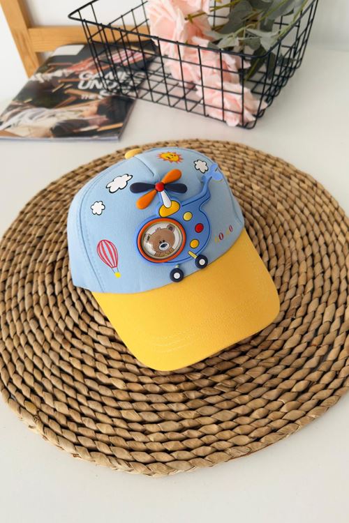Miniğimin Cicileri 5-8 Helikopter Bear Desenli Unisex Çocuk Şapka - Mavi