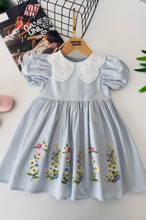 Miniğimin Cicileri Çiçek Bahçesi Baskılı Yakalı Kız Çocuk Elbise - Mavi