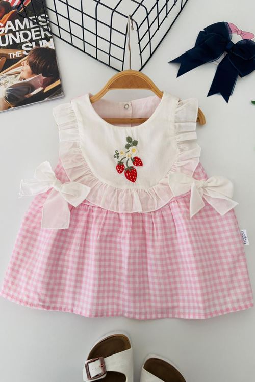 Miniğimin Cicileri Çilek İşleme Detaylı Pötikare Kız Bebek Elbise - Pembe
