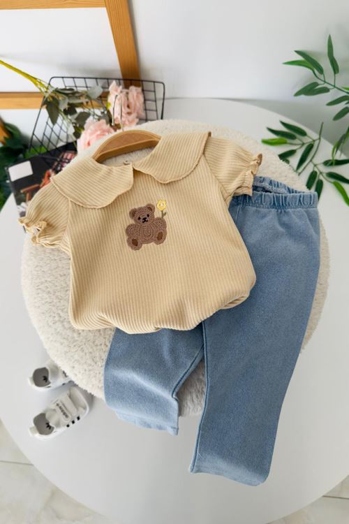 Miniğimin Cicileri Ayıcık İşleme Detaylı Kız Bebek 2 li Takım - Vizon