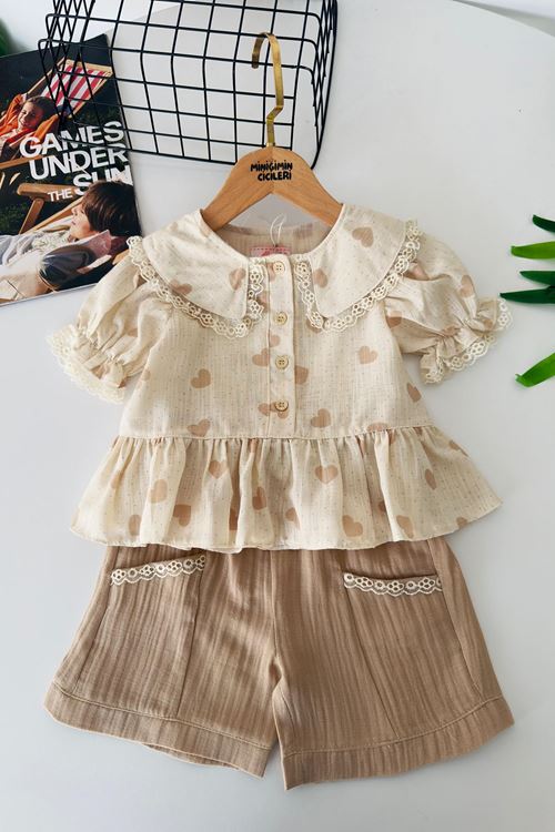 Miniğimin Cicileri Vintage Kalp Desenli Şortlu Kız Çocuk Takım - Bej