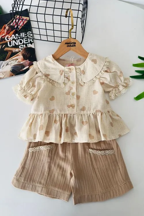 Miniğimin Cicileri Vintage Kalp Desenli Şortlu Kız Çocuk Takım - Bej