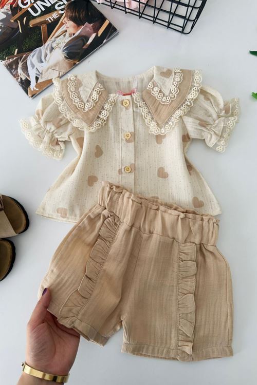 Miniğimin Cicileri Müslin Kalp Desenli Yakalı Kız Bebek 2 li Takım - Bej