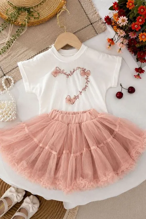 Miniğimin Cicileri Tütü Etekli Kalp Baskılı Kız Çocuk 2 li Takım - Pembe