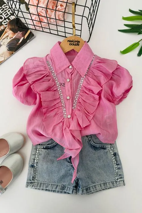 Miniğimin Cicileri Taş Detaylı Fırfırlı Kız Çocuk Kot Şort Takım - Pembe
