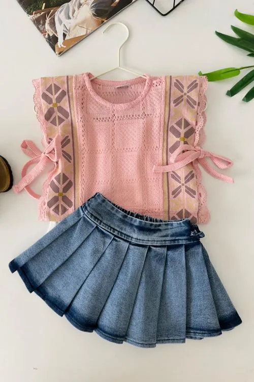 Miniğimin Cicileri Baklava Desen Triko Yelekli Kız Çocuk 3 lü Takım - Pembe