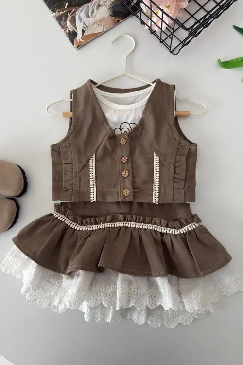 Miniğimin Cicileri Vintage Dantel Katmanlı Kız Çocuk 3 lü Etekli Takım - Vizon