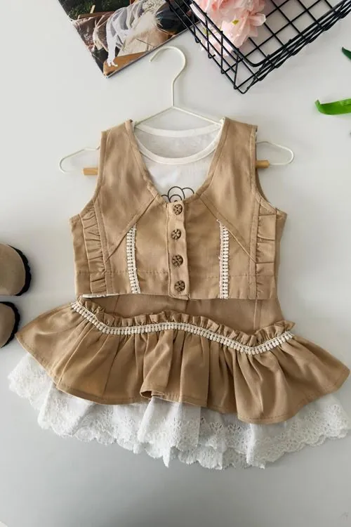 Miniğimin Cicileri Vintage Dantel Katmanlı Kız Çocuk 3 lü Etekli Takım - Bej