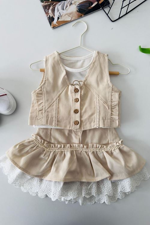 Miniğimin Cicileri Vintage Dantel Katmanlı Kız Çocuk 3 lü Etekli Takım - Krem