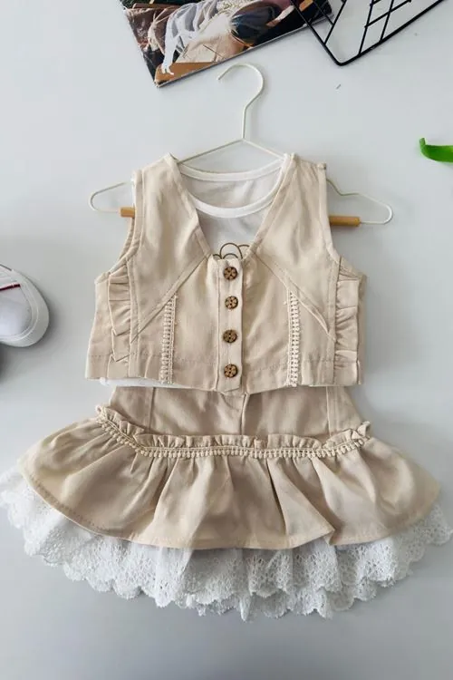 Miniğimin Cicileri Vintage Dantel Katmanlı Kız Çocuk 3 lü Etekli Takım - Krem