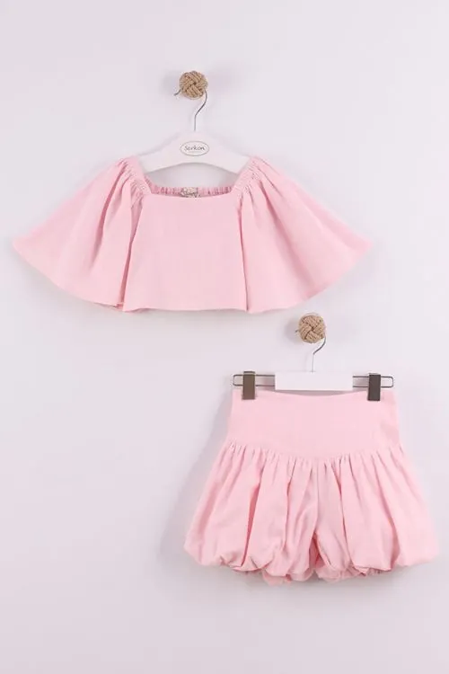 Miniğimin Cicileri Volanlı Keten Balon Şortlu Kız Çocuk Takım - Pembe