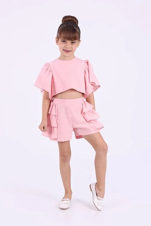Miniğimin Cicileri Sırt Fiyonklu Fırfırlı Şortlu Kız Çocuk Takım - Pembe