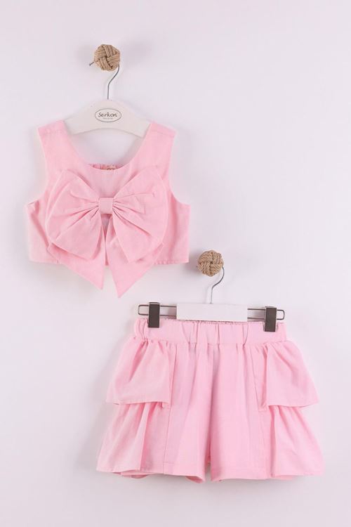 Miniğimin Cicileri Fiyonklu Gipeli Crop Şortlu Kız Çocuk Takım - Pembe