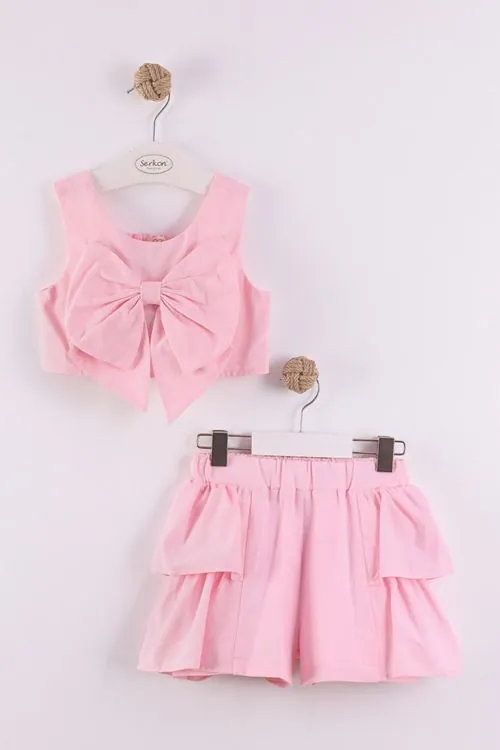 Miniğimin Cicileri Fiyonklu Gipeli Crop Şortlu Kız Çocuk Takım - Pembe