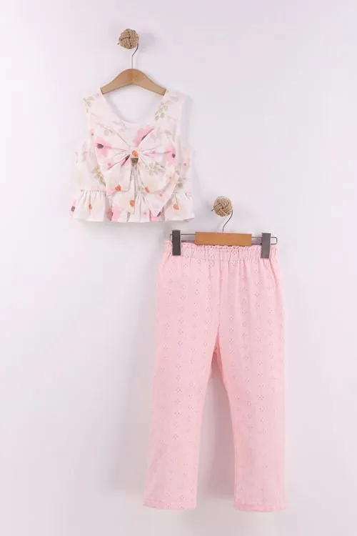 Miniğimin Cicileri Çiçekli Crop Brode Pantolonlu Kız Çocuk Takım - Pembe