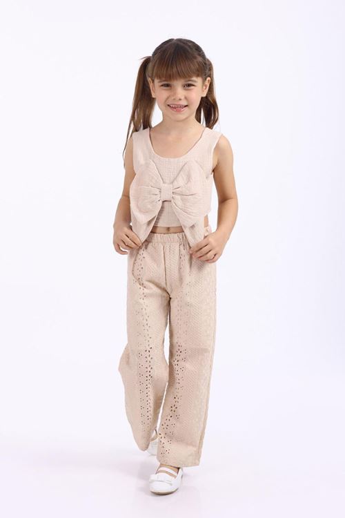 Miniğimin Cicileri Fiyonklu Crop Brode Pantolonlu Kız Çocuk Takım - Vizon