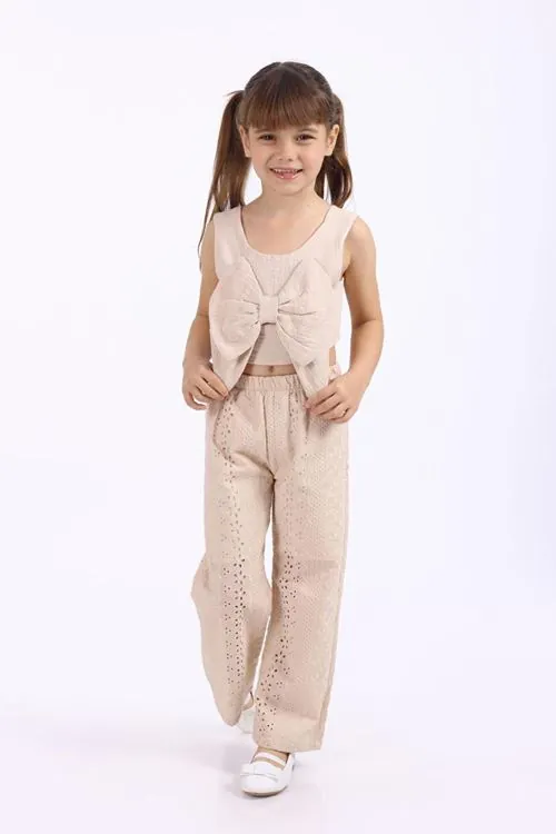 Miniğimin Cicileri Fiyonklu Crop Brode Pantolonlu Kız Çocuk Takım - Vizon