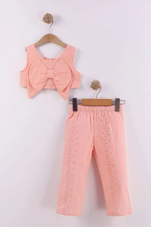 Miniğimin Cicileri Fiyonklu Crop Brode Pantolonlu Kız Çocuk Takım - Pudra