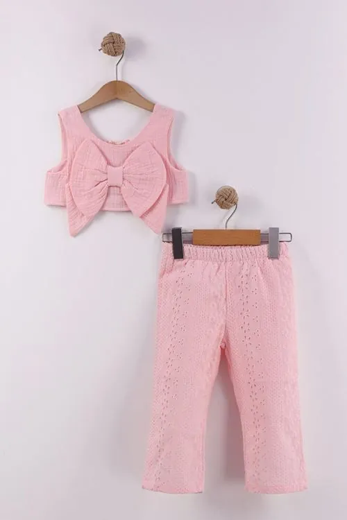 Miniğimin Cicileri Fiyonklu Crop Brode Pantolonlu Kız Çocuk Takım - Pembe