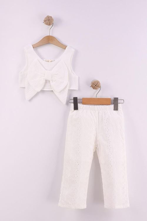 Miniğimin Cicileri Fiyonklu Crop Brode Pantolonlu Kız Çocuk Takım - Ekru