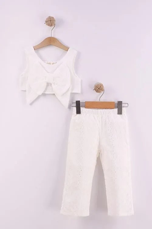 Miniğimin Cicileri Fiyonklu Crop Brode Pantolonlu Kız Çocuk Takım - Ekru