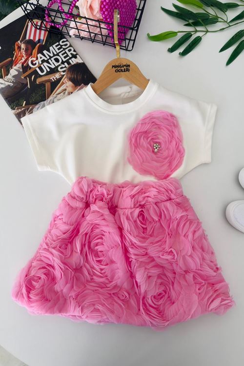 Miniğimin Cicileri Gül Detay Etekli Kız Çocuk 2 li Takım - Pembe