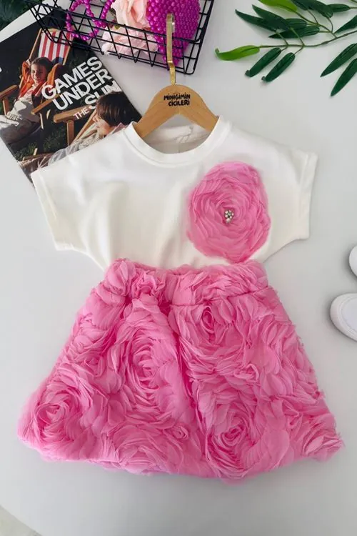 Miniğimin Cicileri Gül Detay Etekli Kız Çocuk 2 li Takım - Pembe