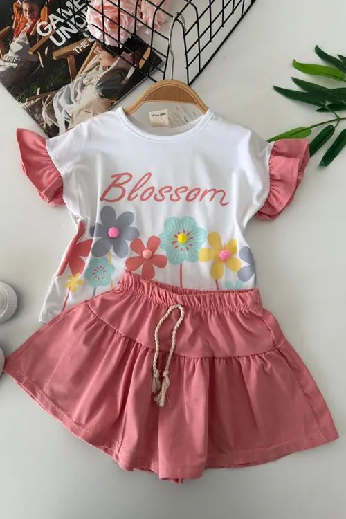 Miniğimin Cicileri Blossom Çiçek Baskılı Etekli Kız Çocuk Takım - Gül Kurusu