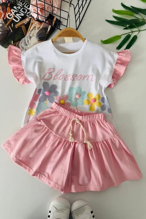 Miniğimin Cicileri Blossom Çiçek Baskılı Etekli Kız Çocuk Takım - Pembe