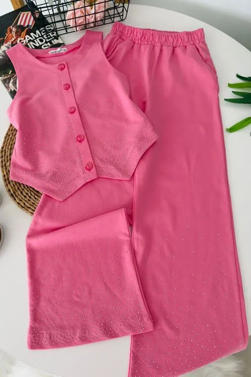 Miniğimin Cicileri Taş İşlemeli Yelekli Kız Çocuk 2 li Takım - Pembe