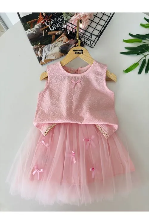Miniğimin Cicileri Fiyonk Detaylı Tül Etekli Kız Çocuk 2 li Takım - Pembe