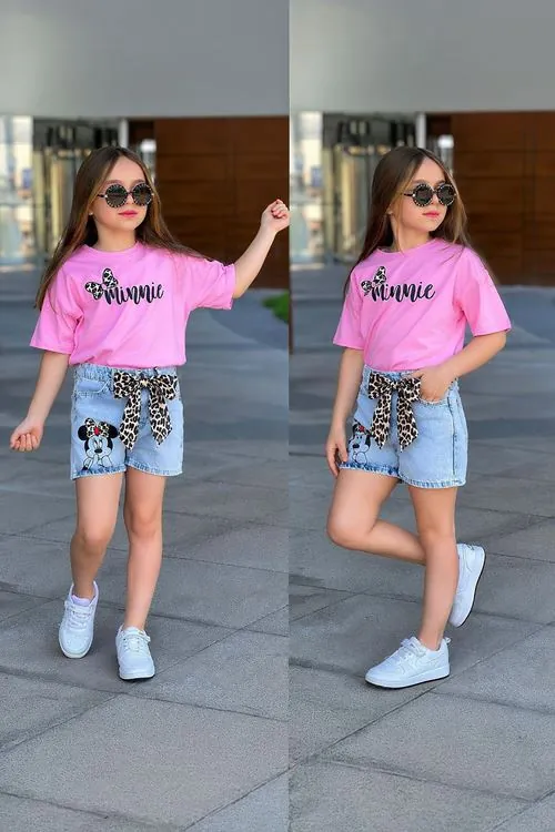 Miniğimin Cicileri Leopar Fiyonklu Kot Şortlu Kız Çocuk Takım - Pembe