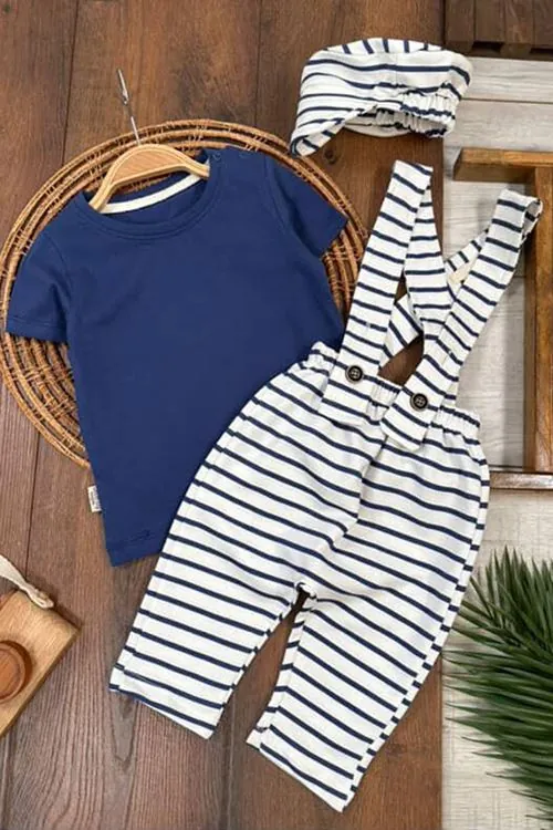 Miniğimin Cicileri Çizgili Slopetli Şapkalı Erkek Bebek Takım - Mavi