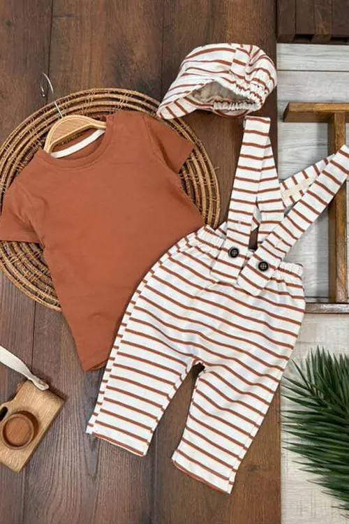 Miniğimin Cicileri Çizgili Slopetli Şapkalı Erkek Bebek Takım - Taba