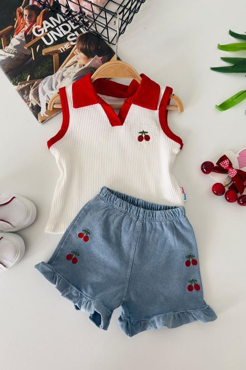 Miniğimin Cicileri Kiraz İşleme Detaylı Kız Bebek 2 li Takım - Kırmızı