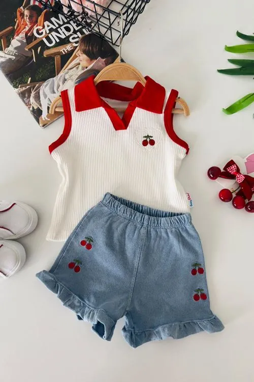 Miniğimin Cicileri Kiraz İşleme Detaylı Kız Bebek 2 li Takım - Kırmızı