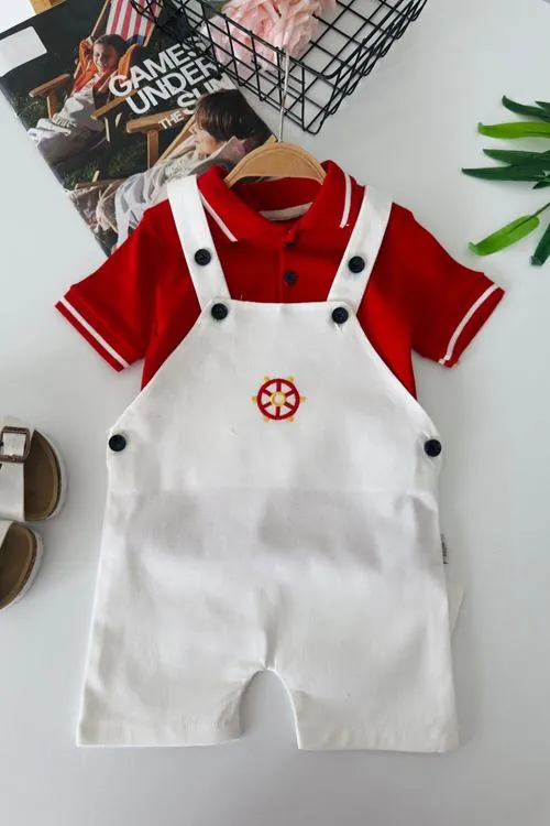 Kaptan Dümen baskılı Erkek Bebek 2 li Takım - Kırmızı