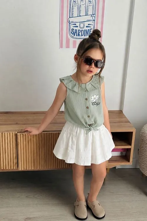 Miniğimin Cicileri Lily Çiçek Nakışlı Yazlık Kız Çocuk Şortlu Takım - Yeşil