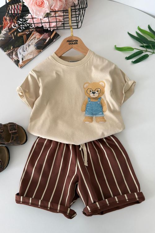 Miniğimin Cicileri Bear Baskılı Erkek Çocuk Şortlu Takım - Bej