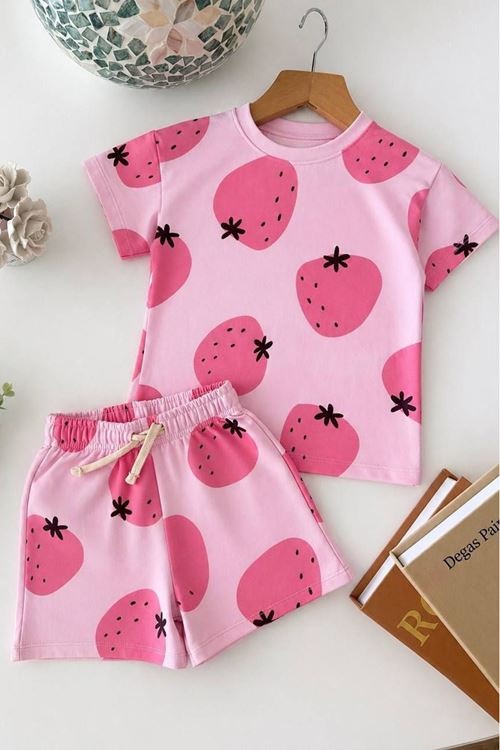 Miniğimin Cicileri Çilek Desenli Fırçalı Kız Çocuk Rahat Şortlu Takım - Pembe