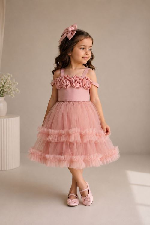 Miniğimin Cicileri Rosalie Gül Detaylı Kız Çocuk Prenses Elbise - Pembe