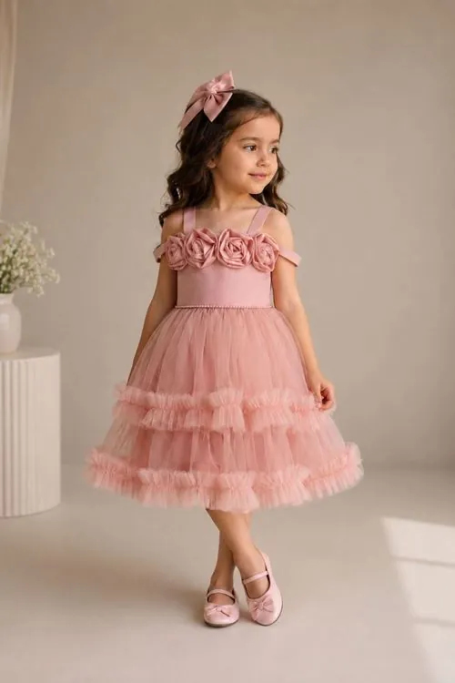 Miniğimin Cicileri Rosalie Gül Detaylı Kız Çocuk Prenses Elbise - Pembe