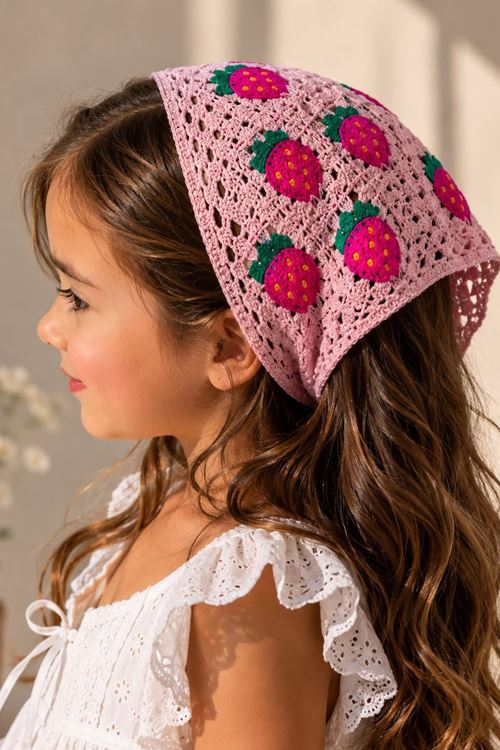 Miniğimin Cicileri Örgü Desenli Kız Çocuk Üçgen Bandana - Fuşya