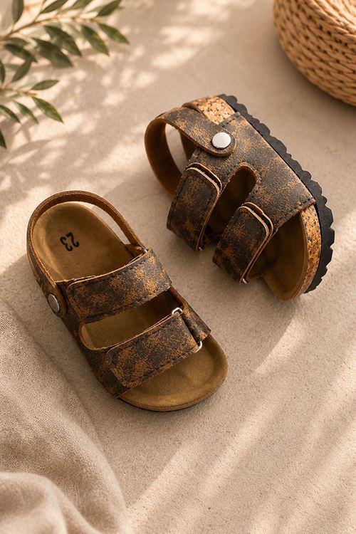 Miniğimin Cicileri Doğal Tabanlı Çift Cırtlı Çocuk Sandalet - Leopar