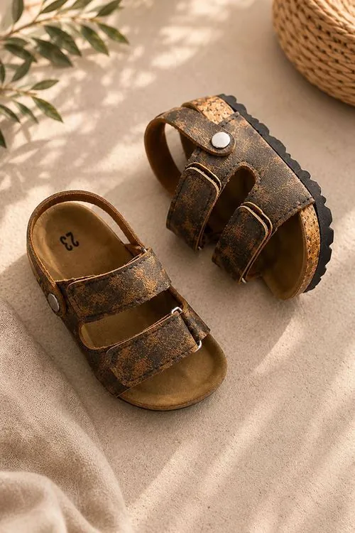 Miniğimin Cicileri Doğal Tabanlı Çift Cırtlı Çocuk Sandalet - Leopar