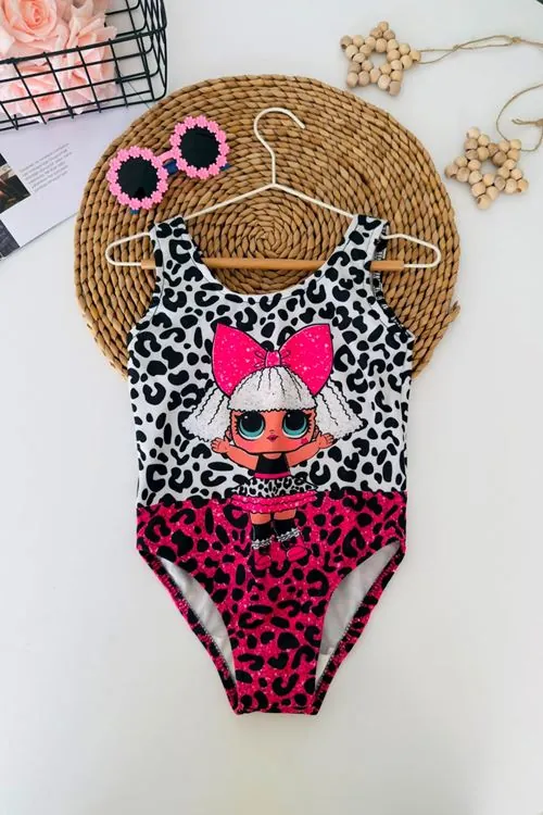 Leopar Sevimli Bebek Baskılı Kız Çocuk Mayo - Fuşya