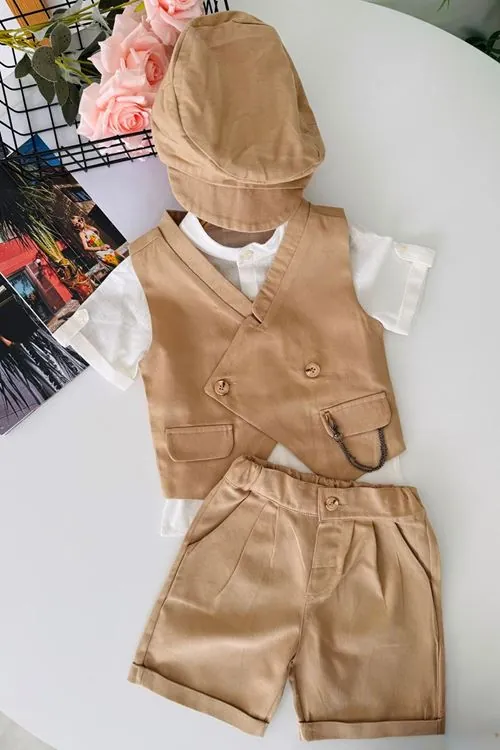 Miniğimin Cicileri Gentleman Yelekli Şapkalı Erkek Bebek Şort 4 lü Takım - KahveKöpüğü