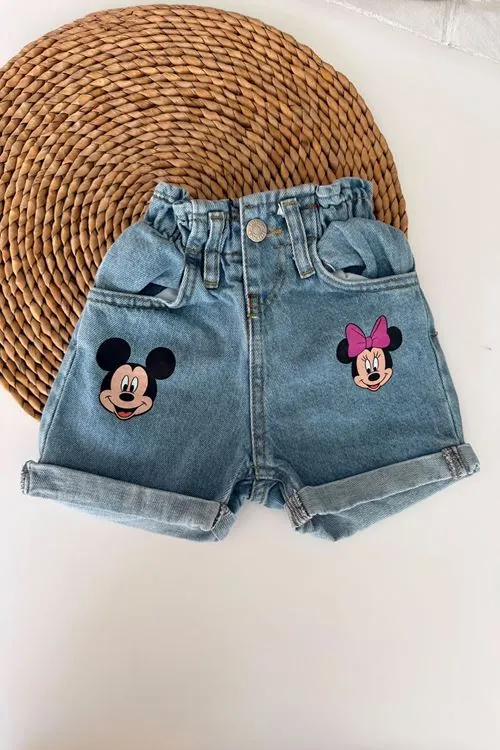 Beli Lastikli Karakter Baskılı Kız Çocuk Jean Şort - Mavi