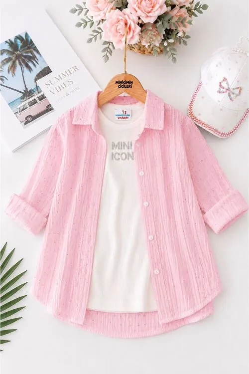 Işıltılı Taşlı Gömlek ve Crop Kız Çocuk Takım - Pembe